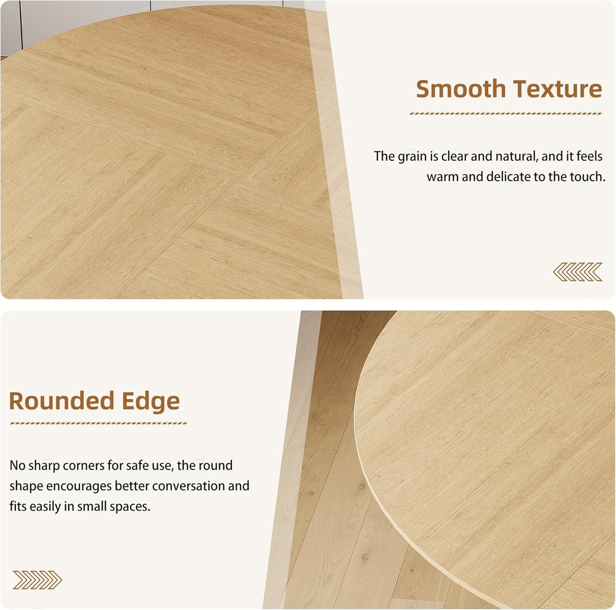 55.25" Round Dining Table for 4-6 People, Farmhouse Circle Kitchen Table with Geometric Base, Wooden Dinner Table for Dining Room Kitchen Living Room, Natural Oak