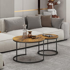 27.6" Round Nesting Coffee Table Set of 2, Rustic Wood Top & Metal Frame | Set of 2 round nesting coffee tables with metal frames and 120 lb capacity. Space-saving stacking design for living rooms