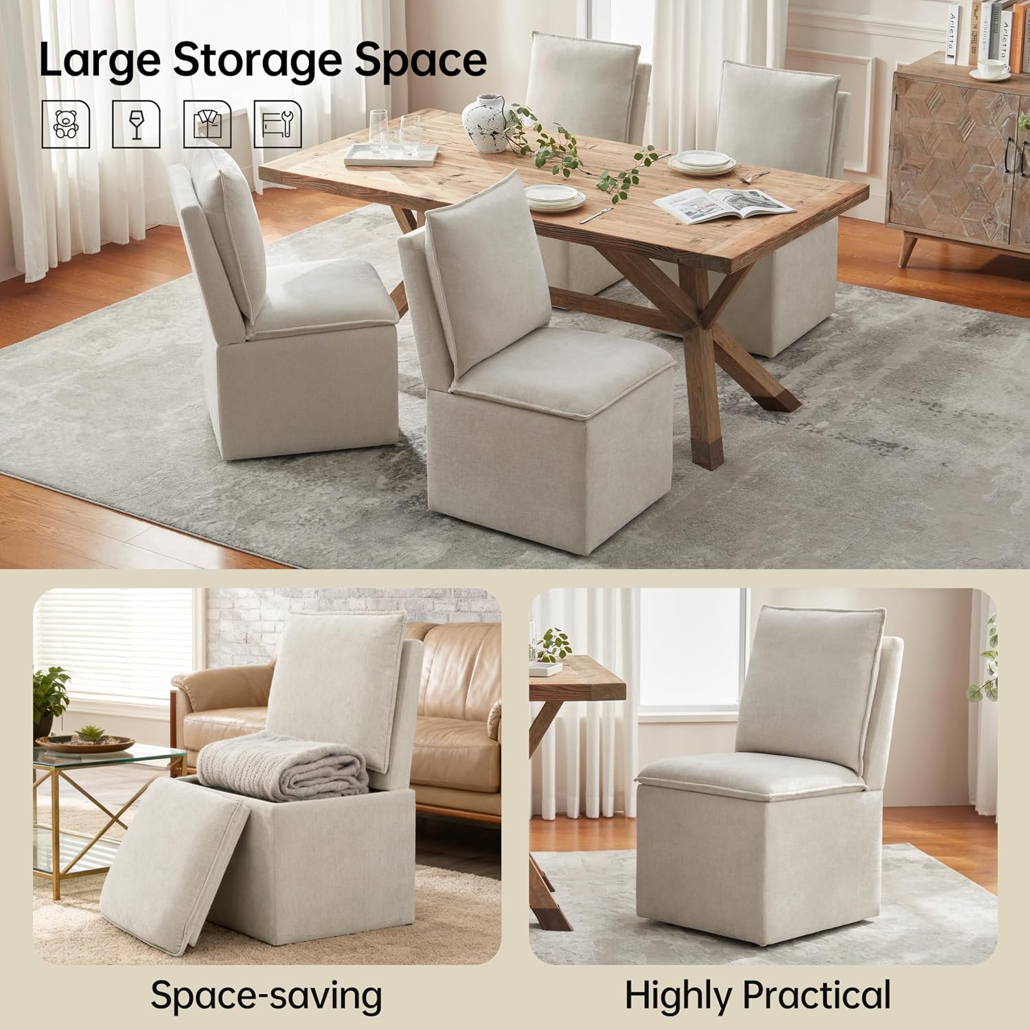 VKNOW Upholstered Dining Chairs Set of 6, Dining Room Chairs with Storage