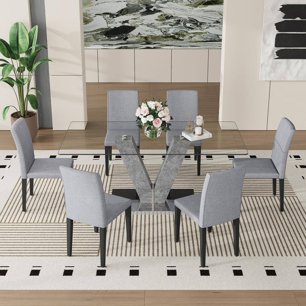71" Glass Dining Table Set for 6, 7-Piece Glass Dining Table Set with Chairs & Rounded-Corner Tempered Glasss Tabletop, Kitchen Table Set for 6 Ideal for Kitchen Dining Room