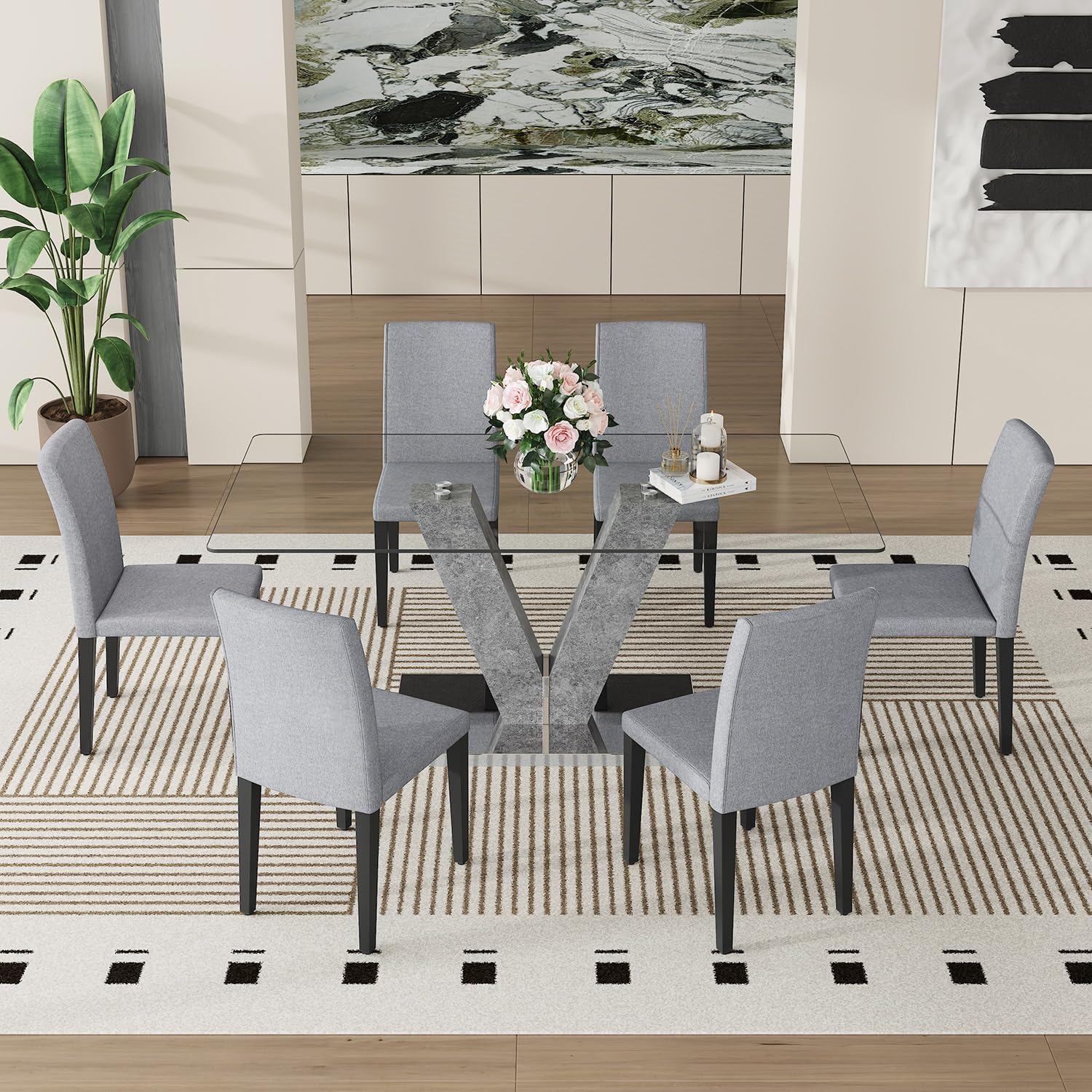71" Glass Dining Table Set for 6, 7-Piece Glass Dining Table Set with Chairs & Rounded-Corner Tempered Glasss Tabletop, Kitchen Table Set for 6 Ideal for Kitchen Dining Room