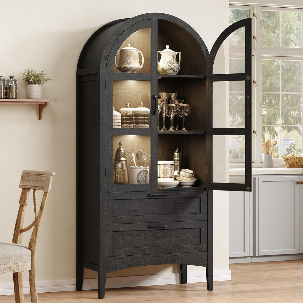 ONBRILL 71" Tall Arched Display Cabinet with LED Lights, Arched Kitchen Pantry with 2 Drawers, Modern Display Storage Cabinets with Adjustable Feet, Pantry Cabinet for Kitchen, Living/Dining Room
