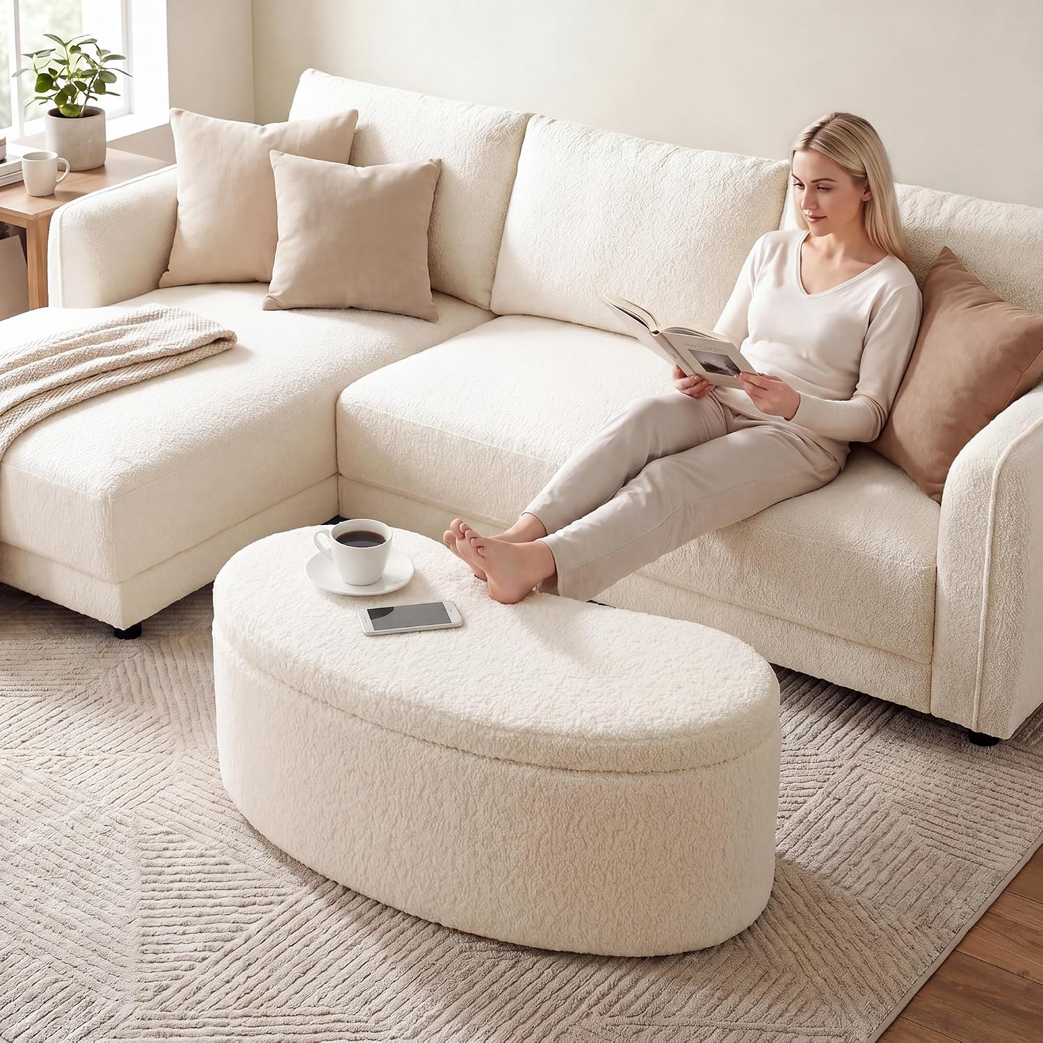 Zesthouse Storage Bench for Bedroom End of Bed, 39.4" Small Curved Entryway Ottoman Bench, White Sherpa Fabric Bench Seat for Living Room Hall Mudroom, Modern Upholstered Coffee Table Crescent Shape