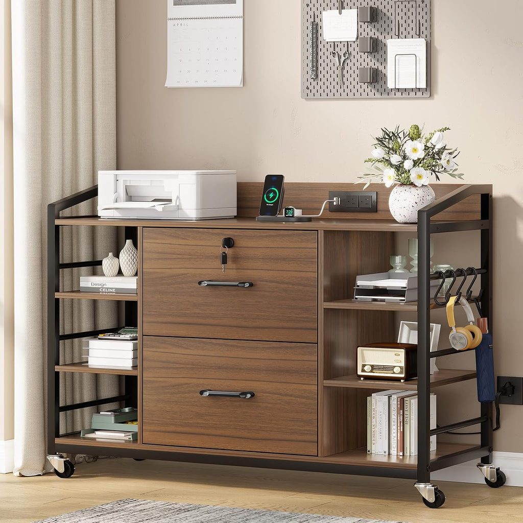 SEDETA 44" File Cabinet with Lock, Filing Cabinet fits Legal/Letter Size | Walnut Lateral 2 Drawer Filing Cabinets for Home Office with Lock, Power Strip, 6 Storage Shelves, Wheels and 4 Hooks