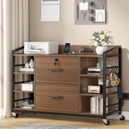 SEDETA 44" File Cabinet with Lock, Filing Cabinet fits Legal/Letter Size | Walnut Lateral 2 Drawer Filing Cabinets for Home Office with Lock, Power Strip, 6 Storage Shelves, Wheels and 4 Hooks