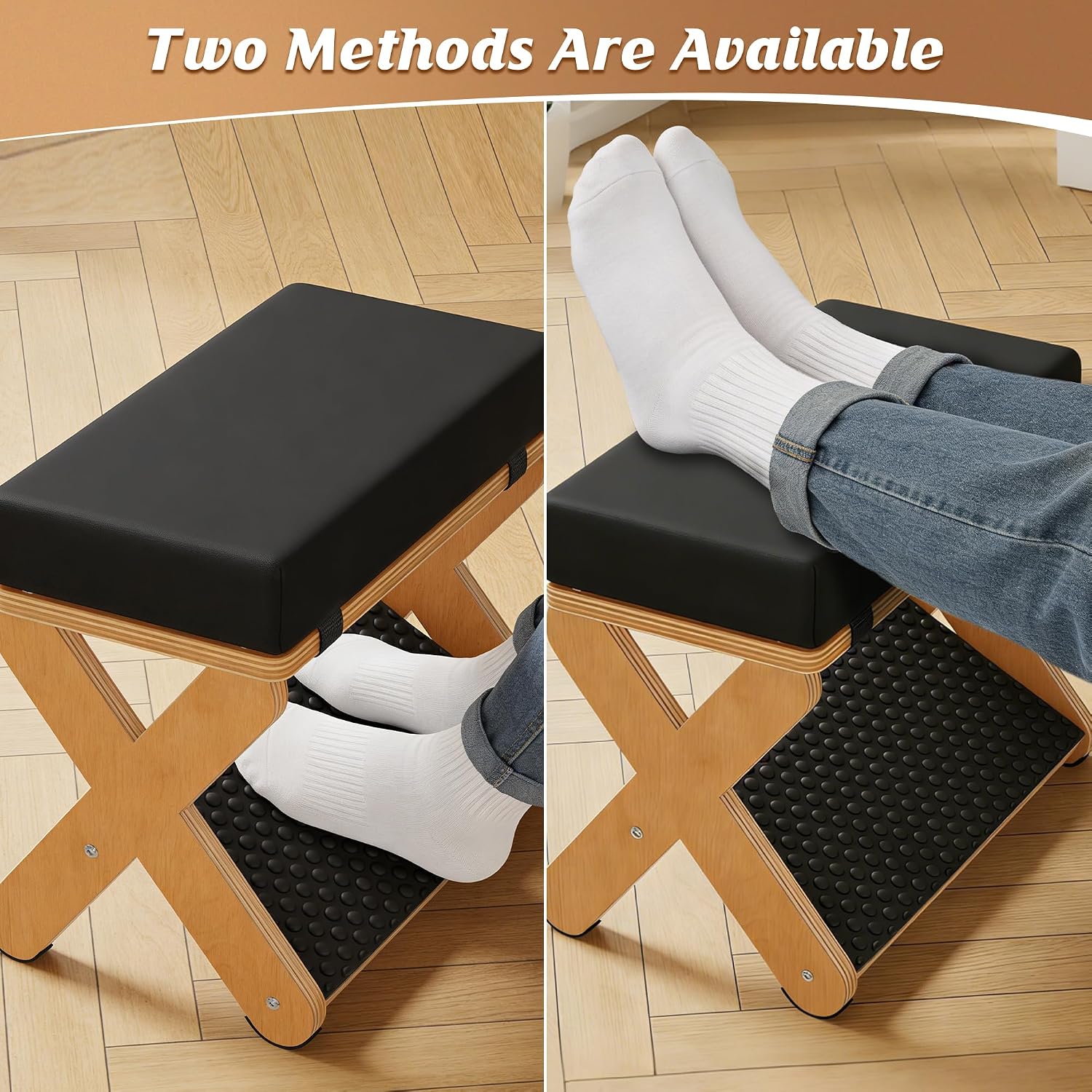 Wood X-Legs Small Ottoman Foot Stool, Sturdy and Anti-Slip Padded Footrest | Multi-function Foot Stool with Pebble Massage Surface & Non-Slip Foot Pads, Seat Footrest for Office, Bedroom & Living Room
