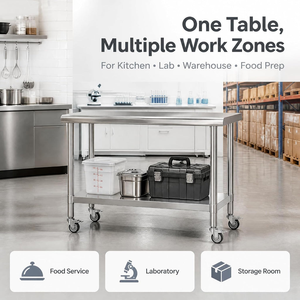 24x48 Stainless Steel Prep Table with Wheels, 1000 lbs, Kitchen, BBQ | Thickened Stainless Steel, 1000-Lb Capacity, Tool-Free Press-Fit Setup, 2-Tier Storage, 4 Locking Casters, 31.5-Inch Height