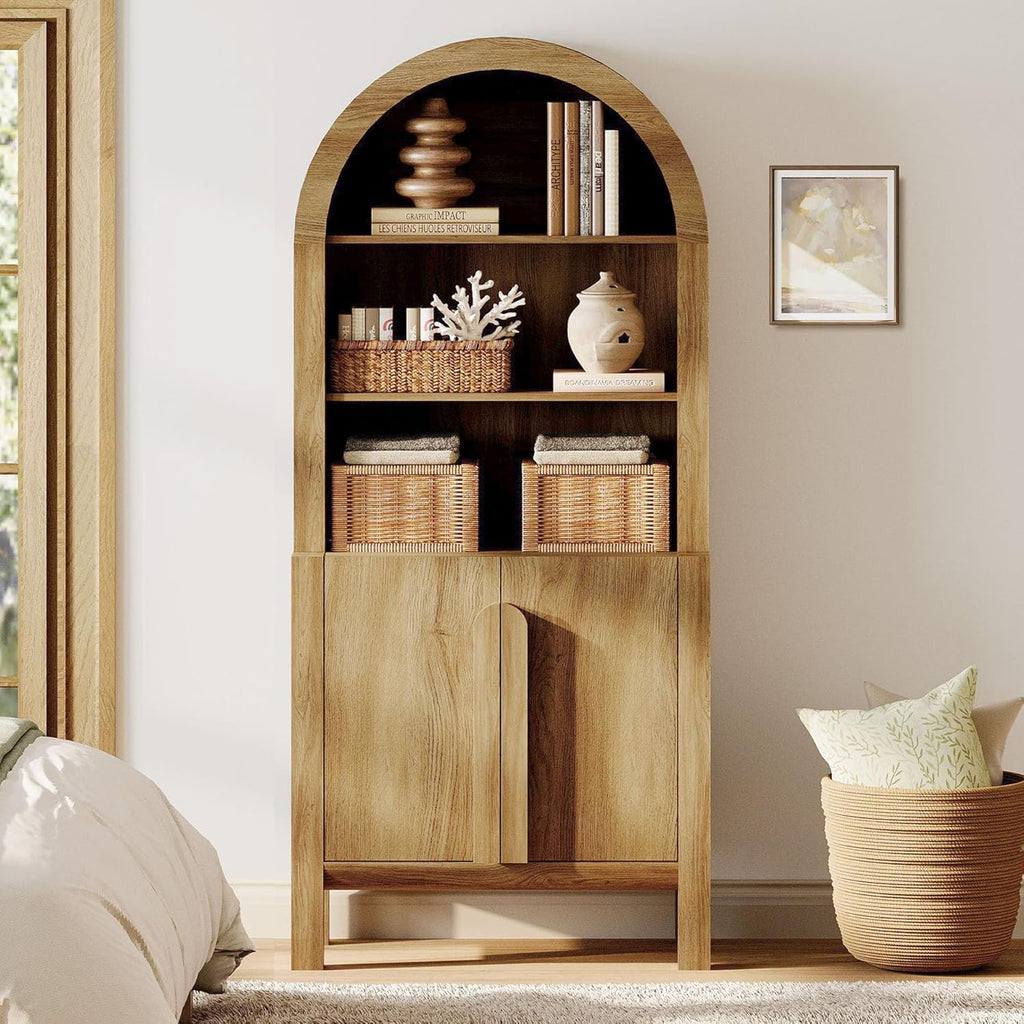 WAMPAT 71" Tall Arched Kitchen Pantry Cabinet, 5 Tiers Modern Farmhouse Bookcase with Doors and Adjustable Shelves, Wood Display Bookcase for Kitchen, Dining Room, Walnut, 1PC