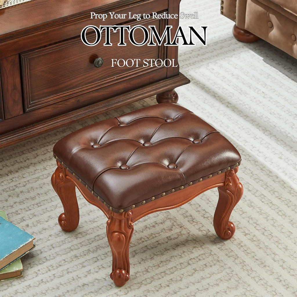 Foot Stools Ottoman, Small Vintage Leather Footstool for Living Room, Solid Wooden Ottoman Foot Rest,Shoe Change Bench at the Entrance (Warm Brown)