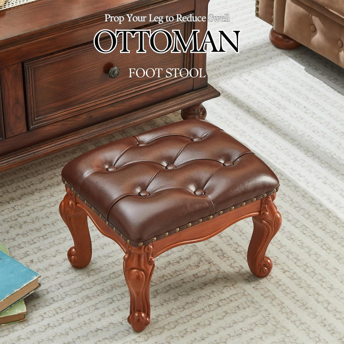 Foot Stools Ottoman, Small Vintage Leather Footstool for Living Room, Solid Wooden Ottoman Foot Rest,Shoe Change Bench at the Entrance (Warm Brown)