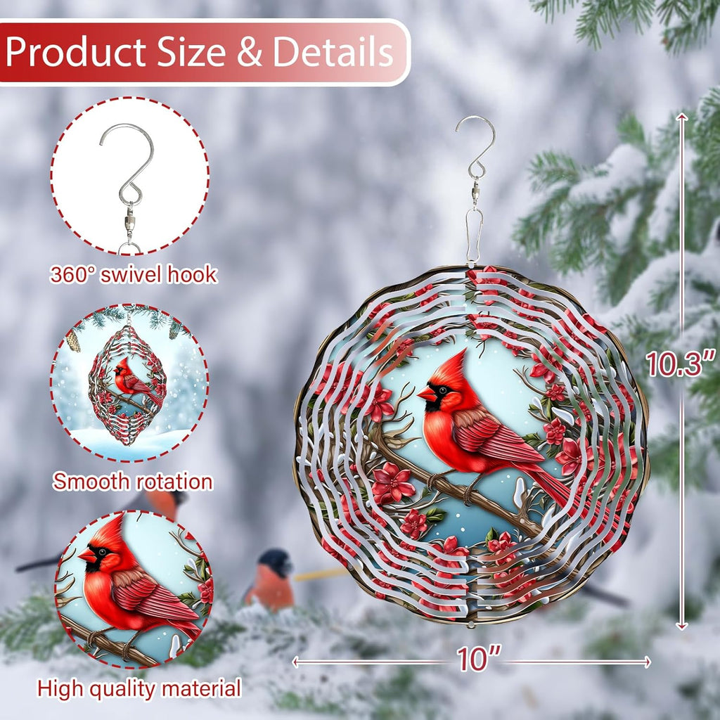 3D Red Cardinal Wind Spinner 10 Inch Stainless Steel Bird Wind Sculpture Kinetic Art Hanging Ornament for Outdoor Garden, Yard, Patio, and Home Decoration Christmas Decor