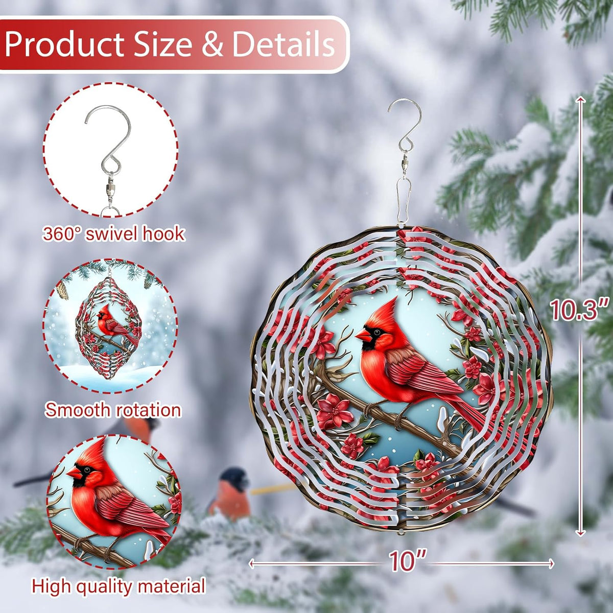 3D Red Cardinal Wind Spinner 10 Inch Stainless Steel Bird Wind Sculpture Kinetic Art Hanging Ornament for Outdoor Garden, Yard, Patio, and Home Decoration Christmas Decor