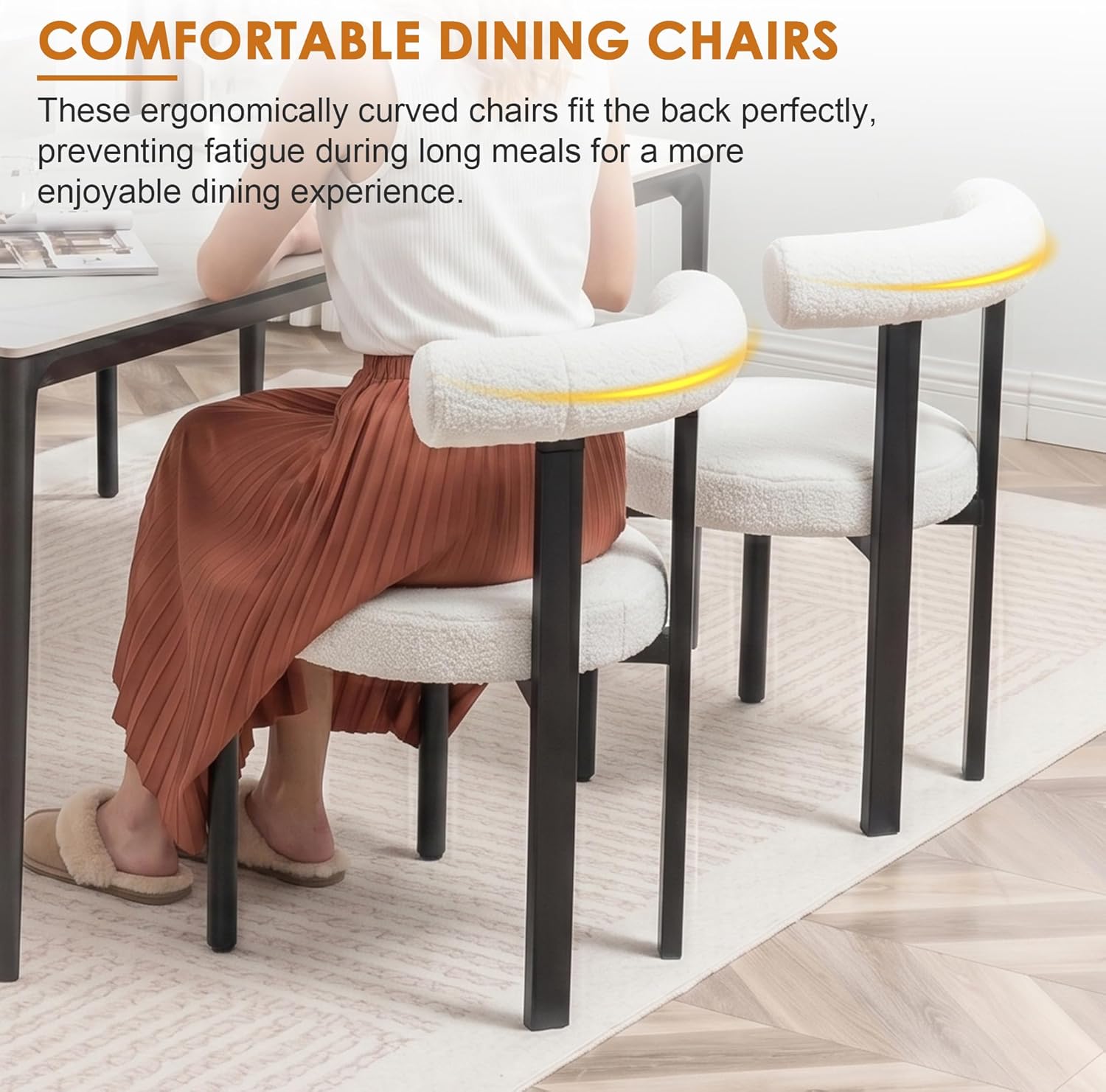 Boucle Dining Chairs Set of 4 Mid Century Modern Dining Chairs Round Cushion Dining Room Chairs with Curved Back and Black Metal Legs for Kitchen, Living Room, Bedroom (Beige)