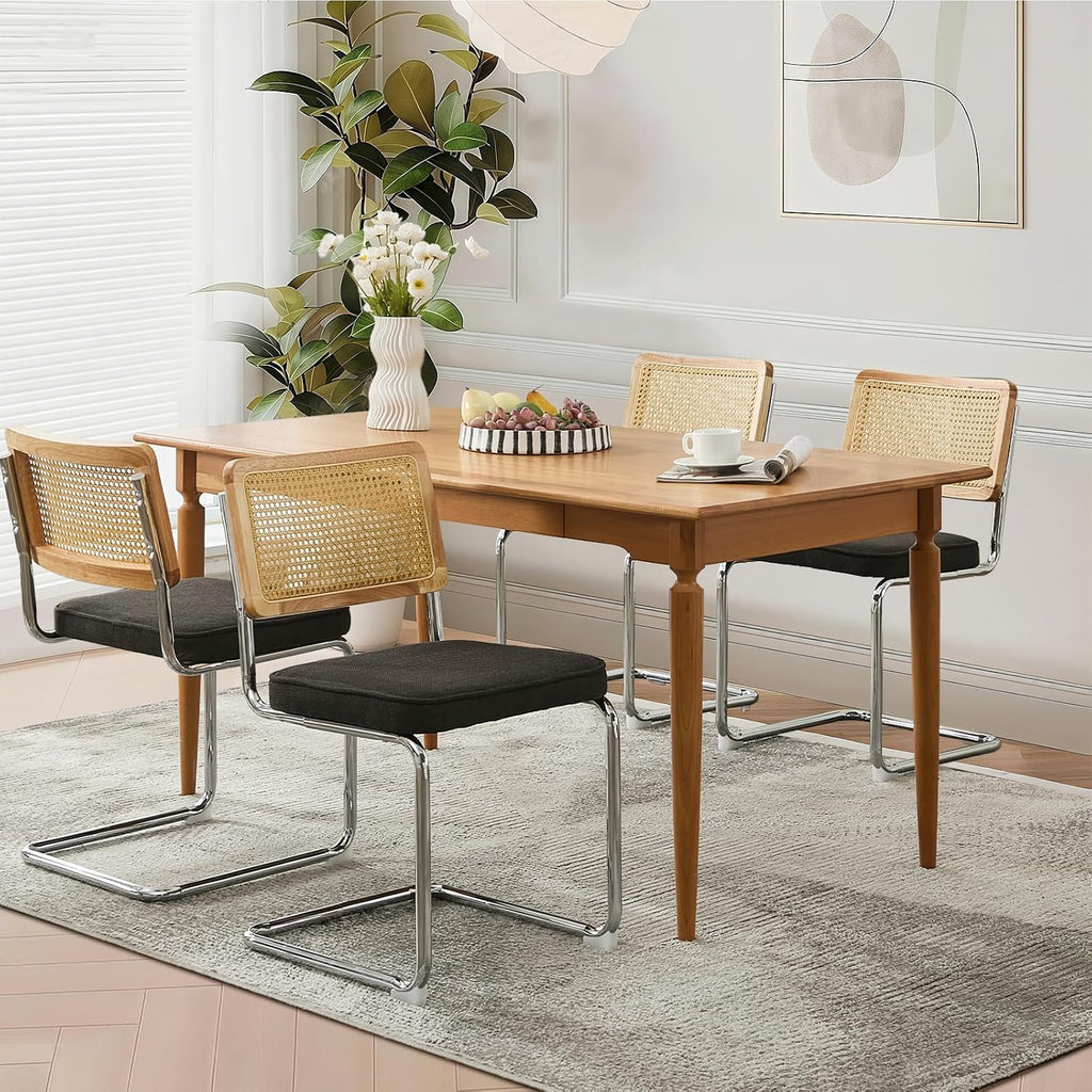 Rattan Back Linen Dining Chair Set of 4 Modern Breuer Designed Stainless Chrome Base Armless Upholstered Dining Chair for Dining Room, Kitchen Island(Black)