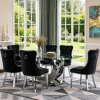 SSLine 7-Piece Silver Glass Dining Table Set for 6, Modern Luxury 70" Glass Dining Room Table with Three-Ring Shape Stainless Steel Base, Elegant Kitchen Table Set with 6 Black Tufted Chairs