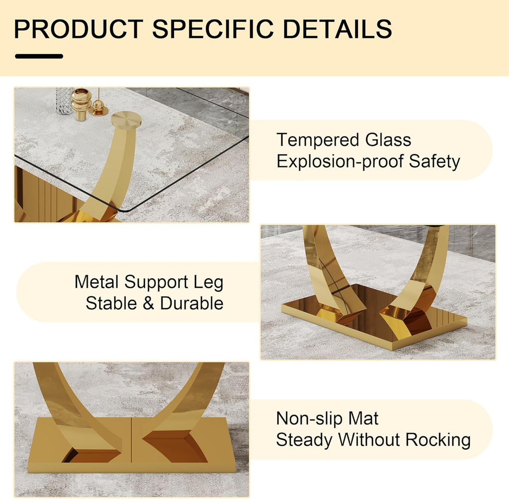 Glass Dining Table Set for 6, Modern Kitchen Table Set for 6, 71" Tempered Glass Tabletop with U-Shaped Gold Base, 7 Ppiece Large Dining Room Table Set with White PU Leather Chairs