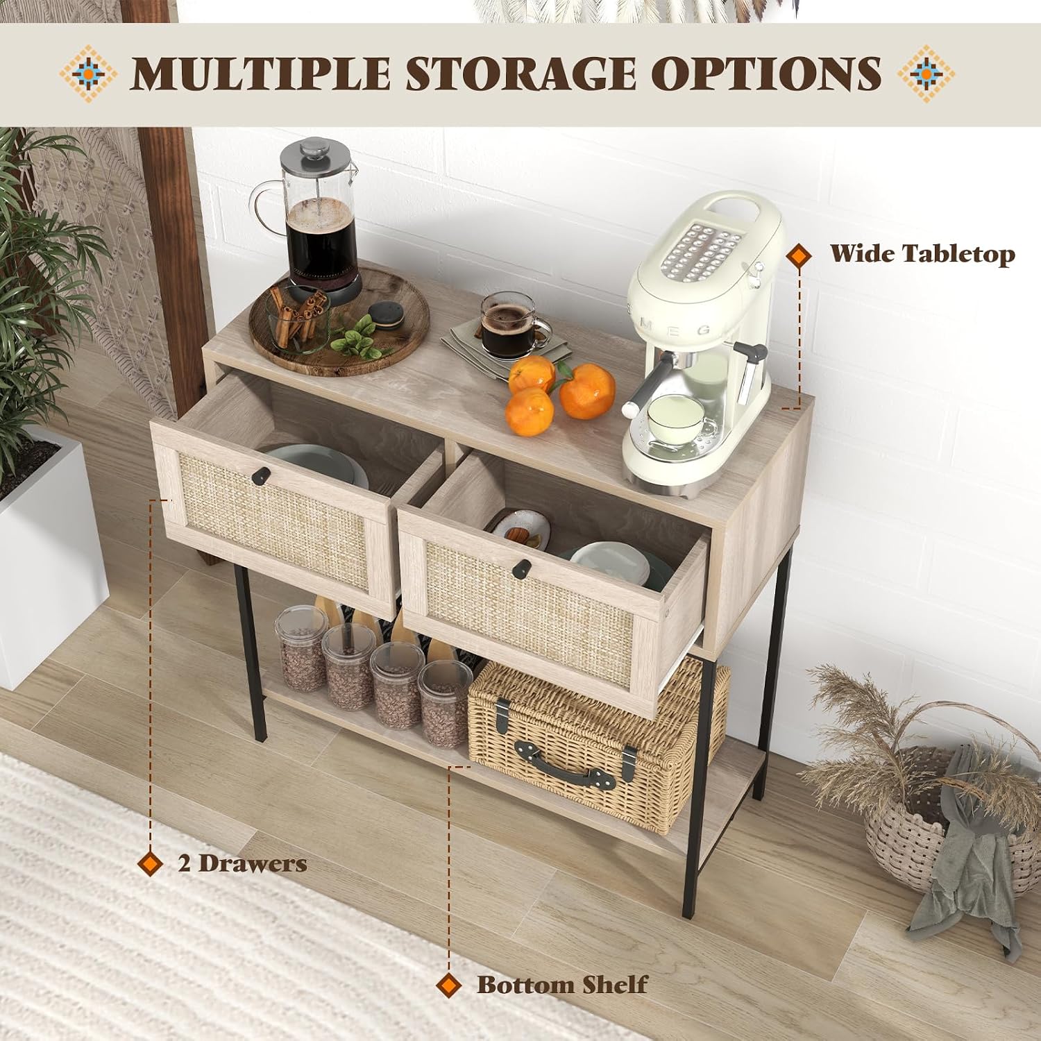 POWERSTONE 31.5" Nightstand with Rattan Drawers & Shelf, Modern Bunk Bedside Table Oak Side Table End Table for Living Room Bedroom