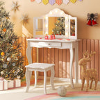 HONEY JOY Kids Vanity Set with Lighted Mirror, 2 in 1 Princess Toddler Dressing Table w/Tri-Fold Mirror & Drawer, Wooden Makeup Table & Chair Set, Pretend Play Vanity Set for Little Girls (White)