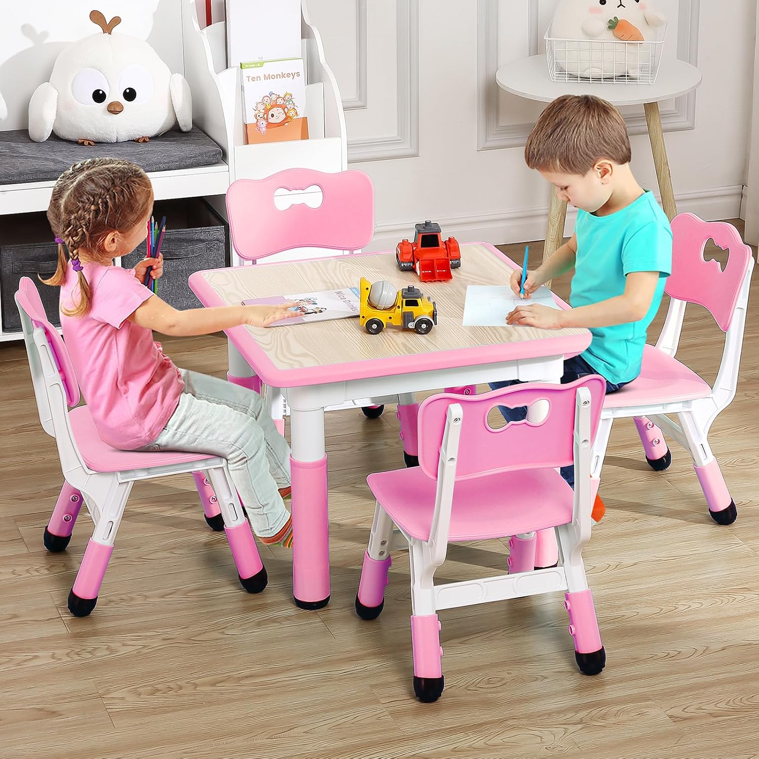 Kids Table and Chairs, Height Adjustable Toddler and 4 Chair, Multi-Activity with Graffiti Desktop Non-Slip Legs for Ages 2-10, Children Activity for Daycare, Classroom, Home