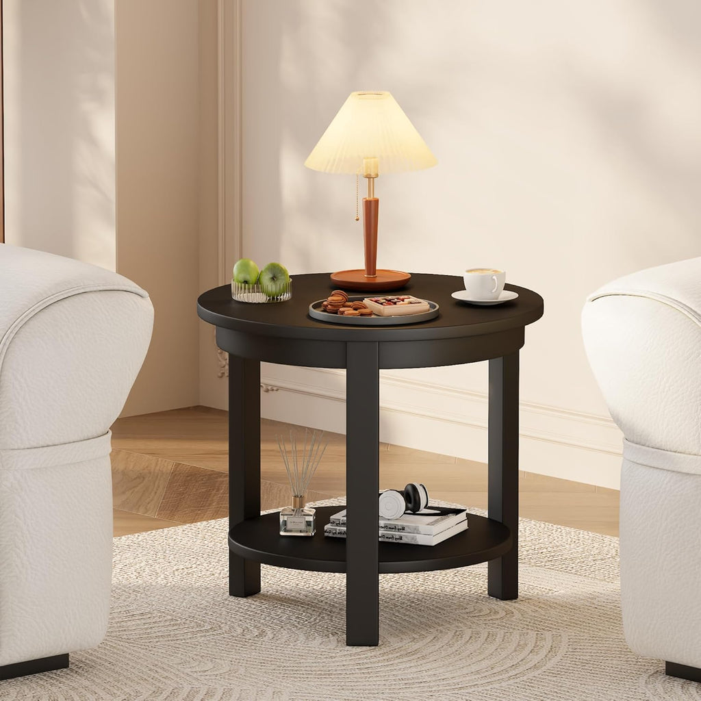 Solid Wood Round End Table with Storage Shelf, 22" W x 20" H, Mid Century Modern Wooden Coffee/End/Side Table for Bedroom Living Room, Black