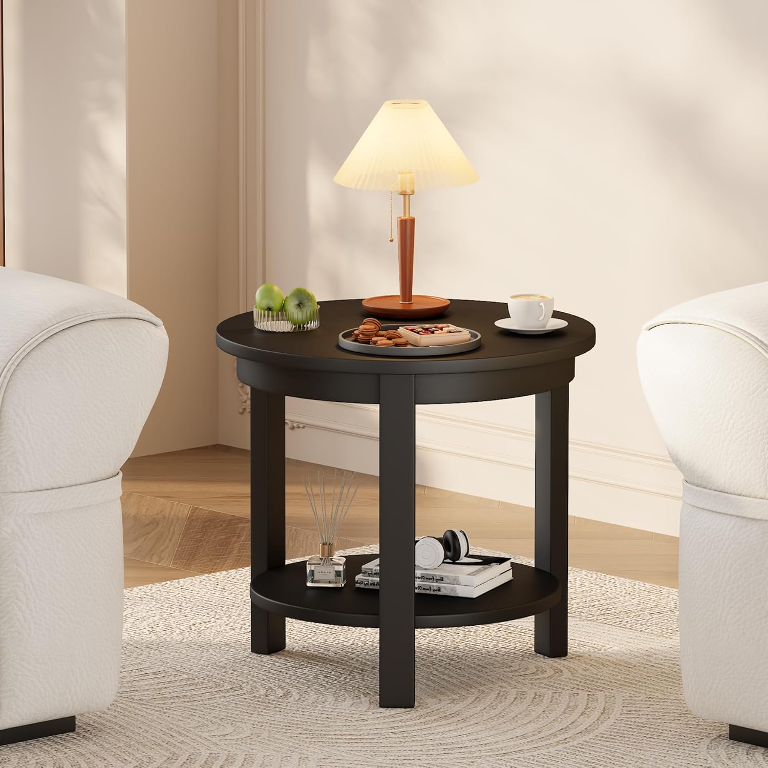 Solid Wood Round End Table with Storage Shelf, 22" W x 20" H, Mid Century Modern Wooden Coffee/End/Side Table for Bedroom Living Room, Black
