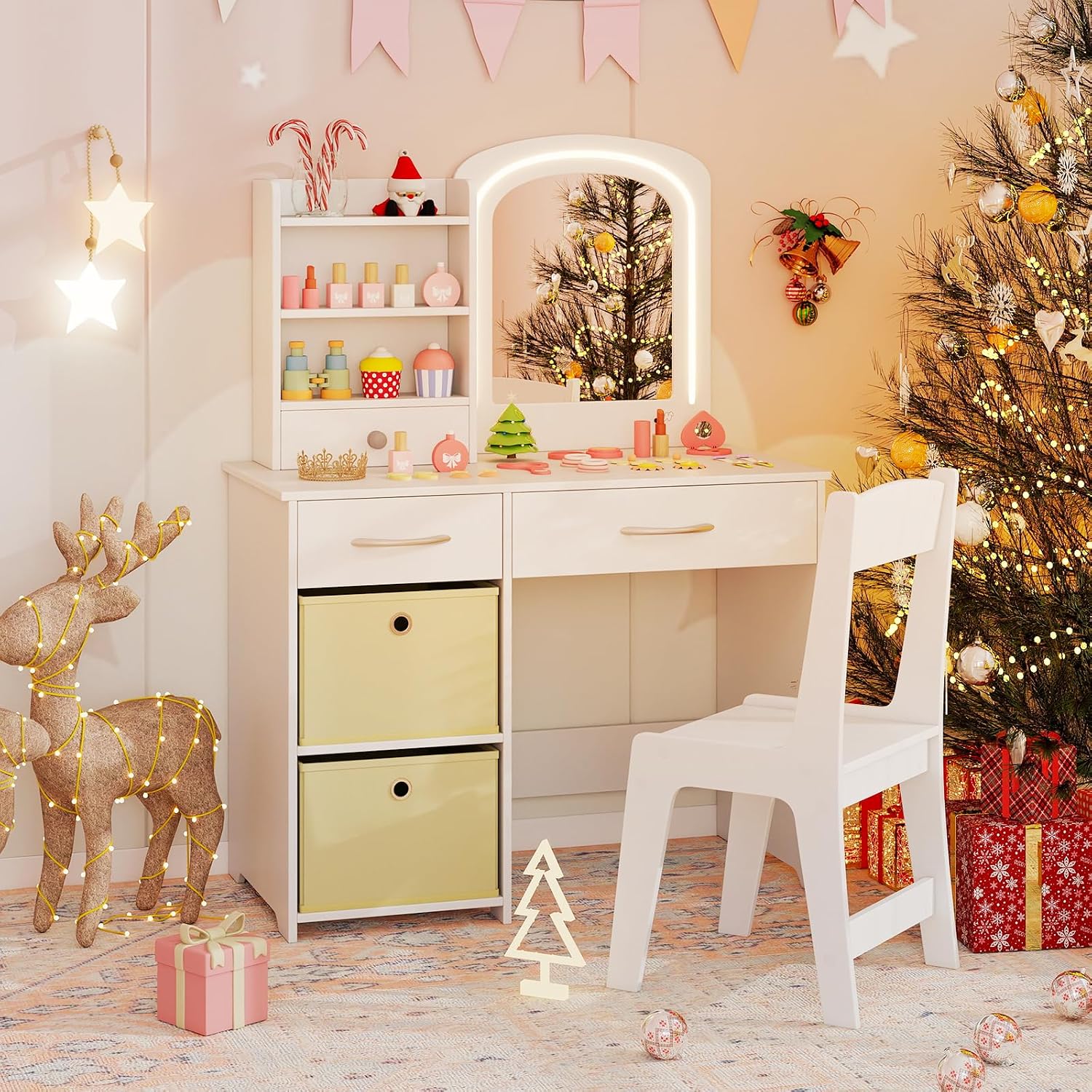 Costzon Kids Vanity with Lights, Princess Makeup Dressing Desk with Mirror and Stool, Storage Drawers, Shelves, Vanity Table and Chair Set for Little Girls (White)