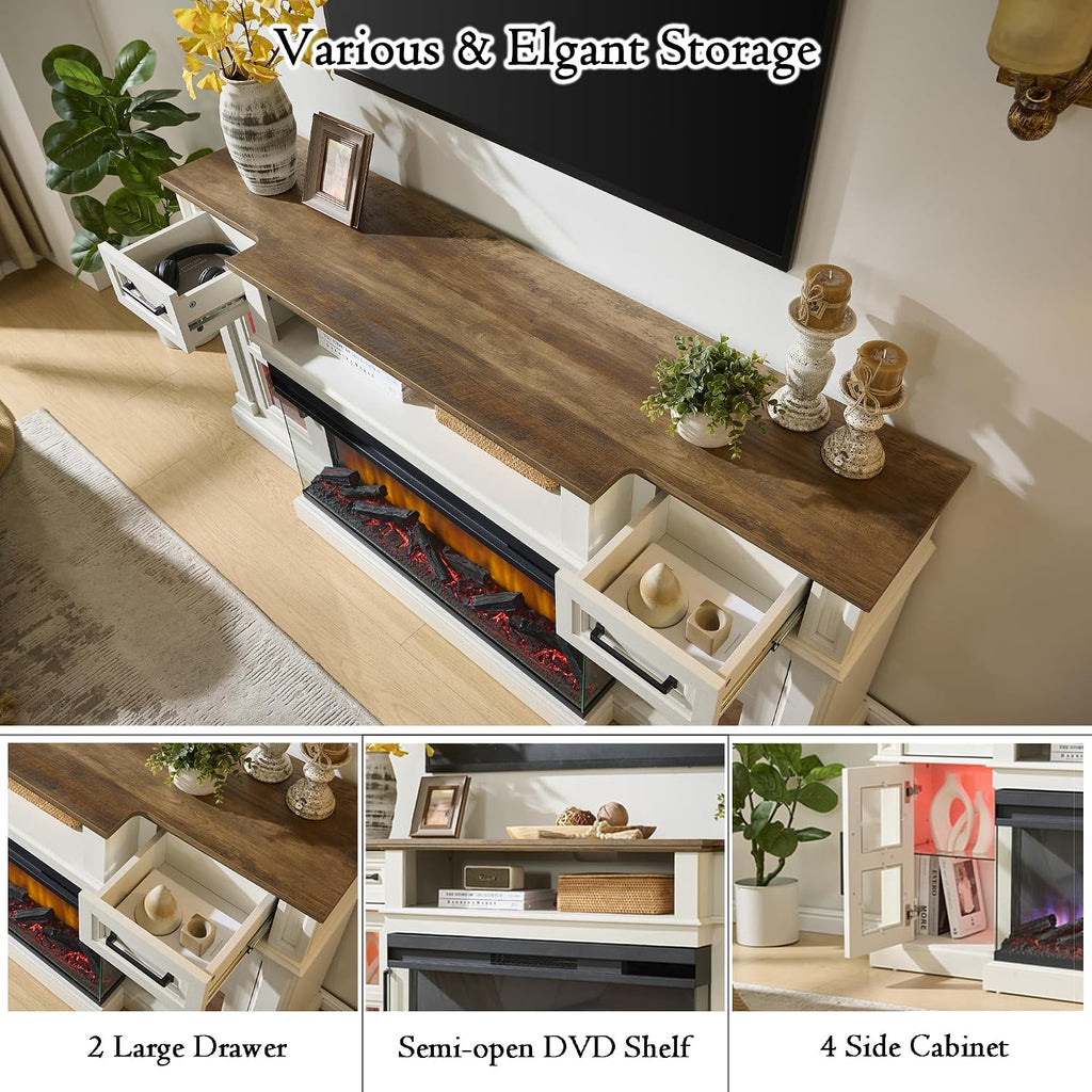 3-Side Fireplace TV Stand for up to 80 Inch TV, LED Entertainment Center with 36 Inch Electric Fireplace, Farmhouse TV Console Table w/Drawers & Cabinets for Living Room, White