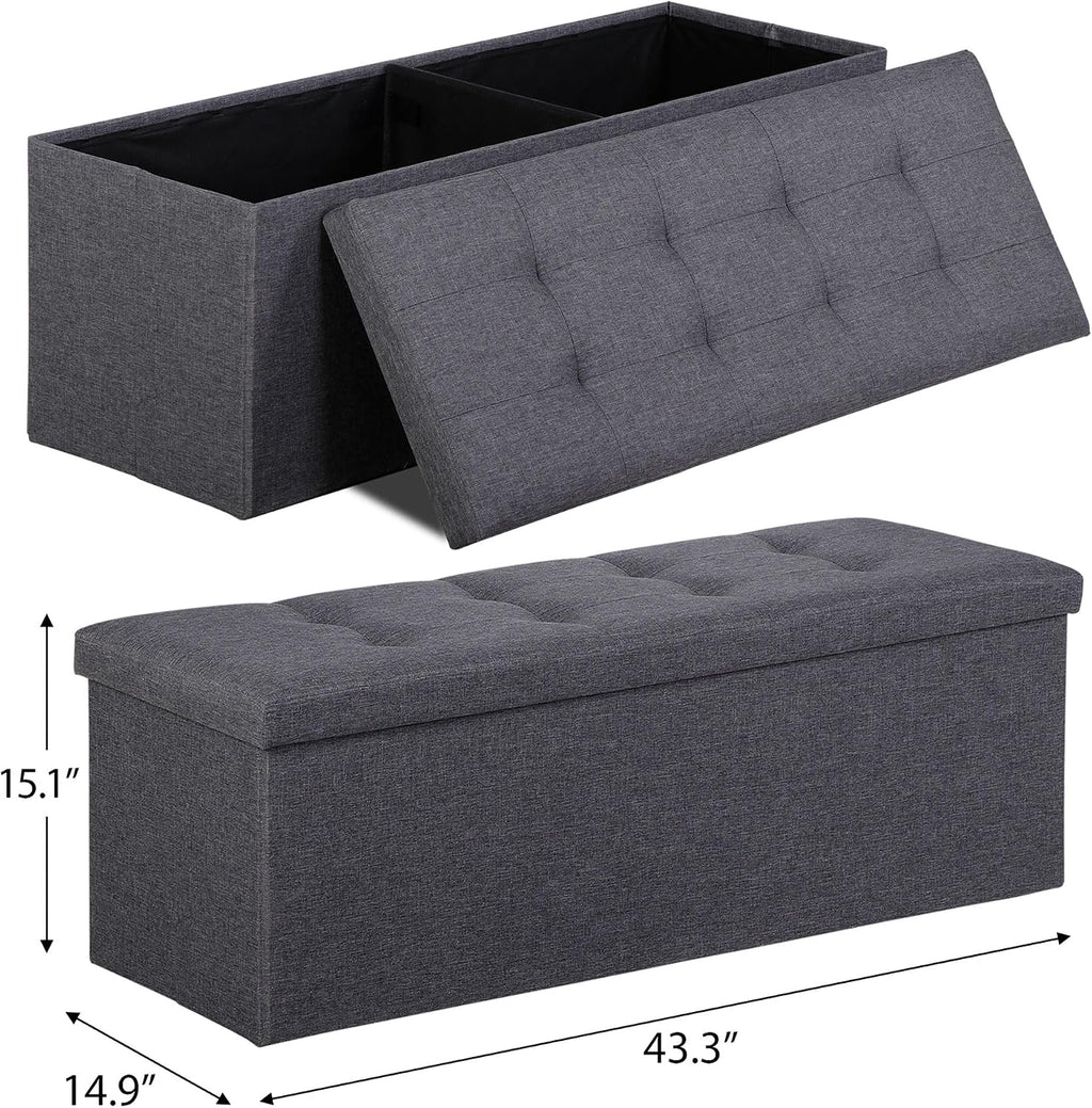 SUPER DEAL 43 Inches Folding Storage Ottoman Bench, Ottoman Foot Rest, Storage Chest, 660 lbs Load Capacity, End of Bed Bench with Divider for Living Room, Bedroom, Entryway, Linen Fabric, Dark Grey