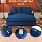 60" Oversized Chaise Lounge Chair Indoor, Upholstered Sofa Bed with Pillows & 2 Cup Holders, Sleeper Couch Comfy Corduroy Recliner Chair for Living Room, Movie Room, Bedroom, Blue