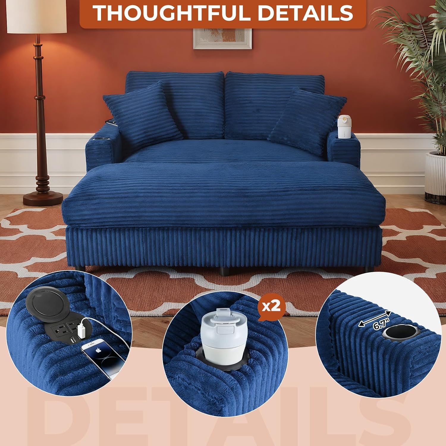 60" Oversized Chaise Lounge Chair Indoor, Upholstered Sofa Bed with Pillows & 2 Cup Holders, Sleeper Couch Comfy Corduroy Recliner Chair for Living Room, Movie Room, Bedroom, Blue