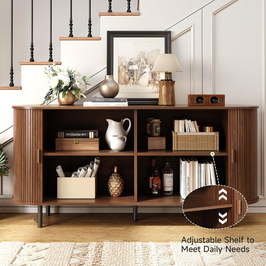 ONBRILL 63" Sideboard Buffet Cabinet, Sliding Door/Adjustable Shelf, Walnut