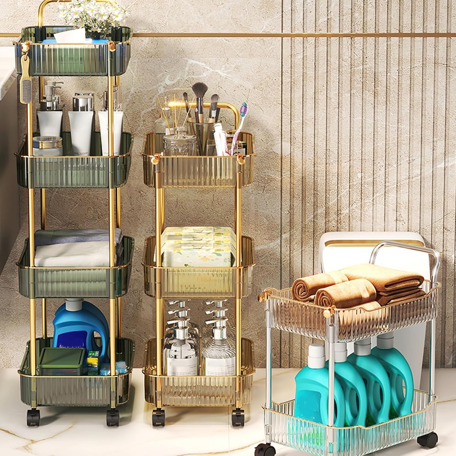 Acrylic Storage Trolley, Bathroom Kitchen Rolling Utility Cart Mobile Organization Shelves with Handle and Lockable Wheel(Gold,3 Tier)