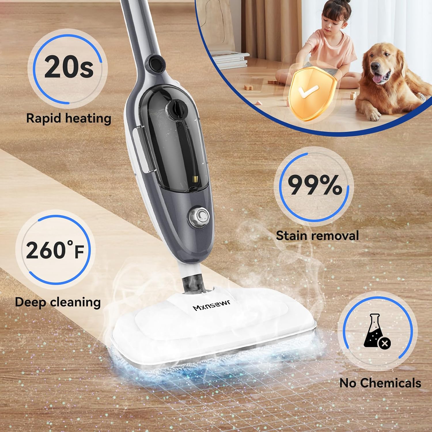 Steam Mop - All-in-one Powerful Handheld Steam Cleaner Detachable Floor Steamer with 11 Accessories, MultiPurpose Steamer for Hardwood Floors, Clothes,Windows,Tiles,Carpet, Whole Home Use(Grey）