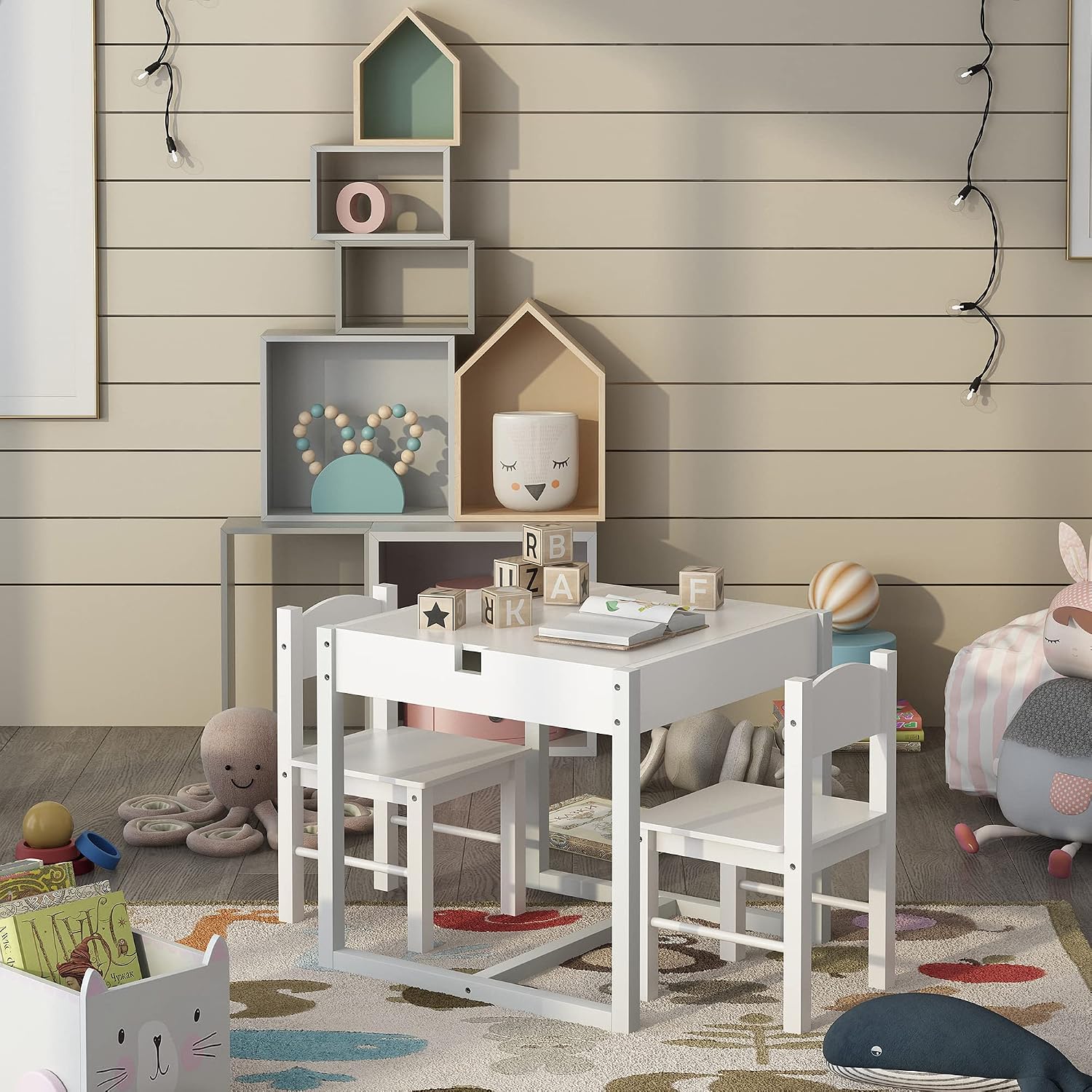 4NM 3 in 1 Kids Table Set, Children Tables and Chairs, Toddler Play Activity Table with Hidden Storage Wood Building Block Desk for Ages 3-7 - White Green