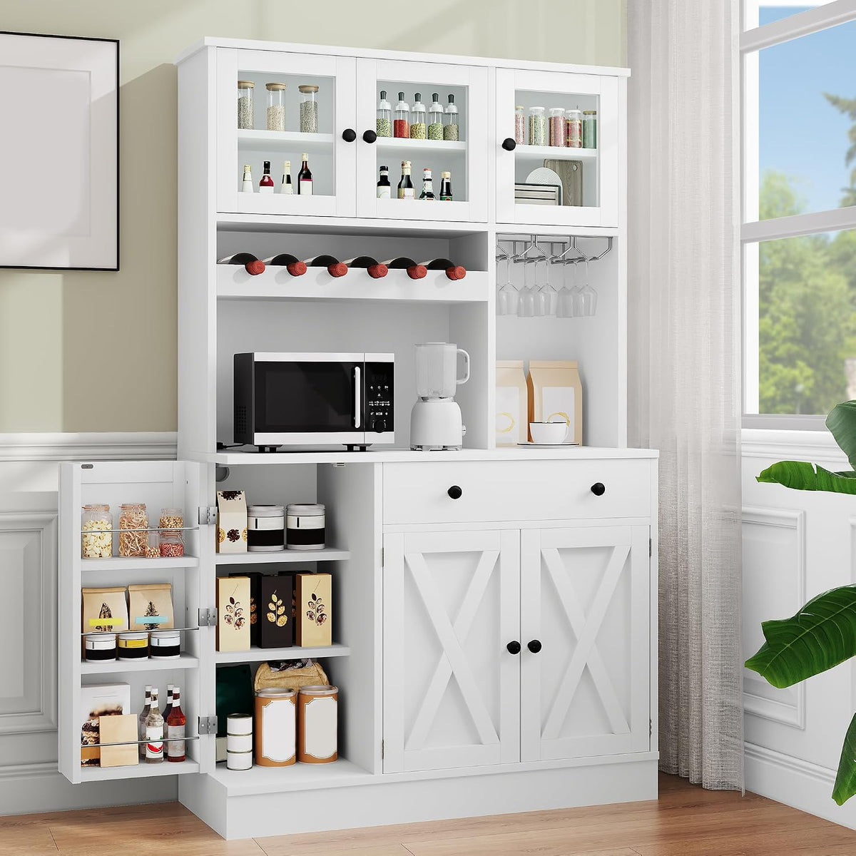 YITAHOME 71''H Kitchen Pantry Cabinet, Tall Cabinet with Drawer, Doors, Goblet Holder, Wine Rack & Power Outlet for Kitchen, Living Room (White)