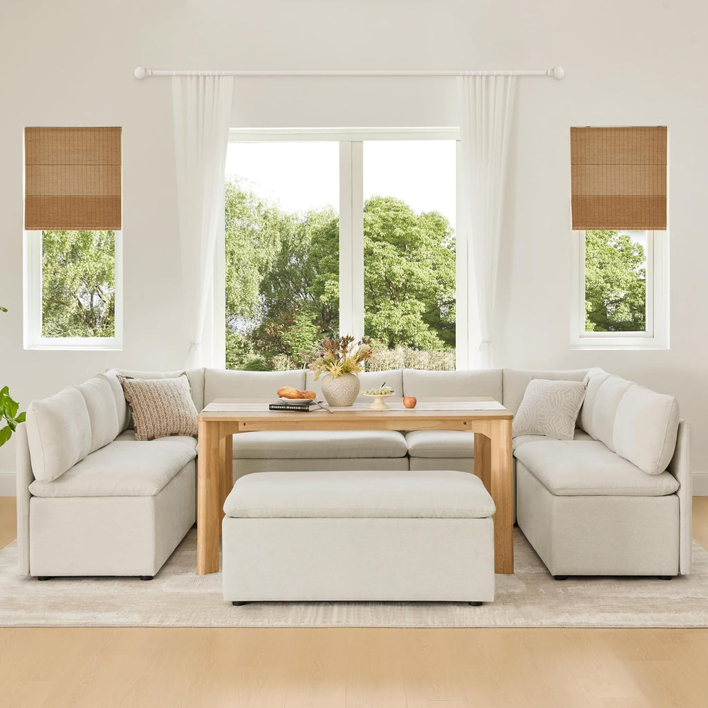 CHITA Breakfast Nook Bench with Storage, Upholstered Dining Bench with Back, Corner Kitchen & Dining Banquette Seating Nook, Dining Settee, L Shaped 4 Seats, Fabric in Linen