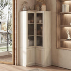 70.9" H L-Shaped Kitchen Pantry with Glass Doors, Modern Corner 4-Tiered Cupboard with Gold Handles & Wood Grain, Tall Display Storage Cabinet with Shelves for Living Dining Room, Natural