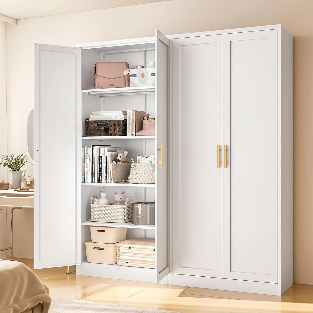 71" Tall Kitchen Pantry Cabinet, White Metal Kitchen Pantry Storage Cabinet with Doors and 4 Adjustable Shelves, Freestanding Pantry Cupboard for Living, Dining Room, Kitchen
