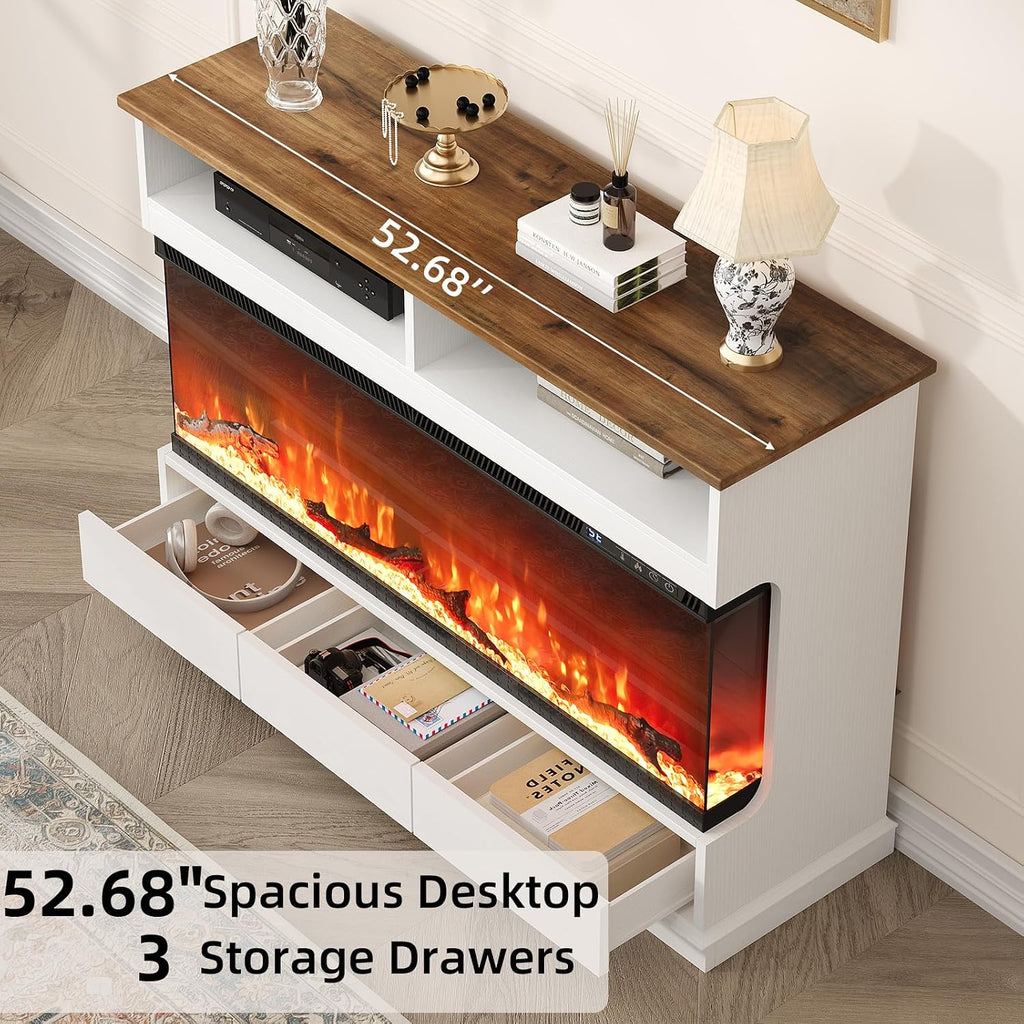 4 EVER WINNER Fireplace TV Stand with 50" Electric Fireplace, Fireplace Entertainment Center with 3-Side Glass Insert, 3 Drawers, TV Stands for Living Room, White