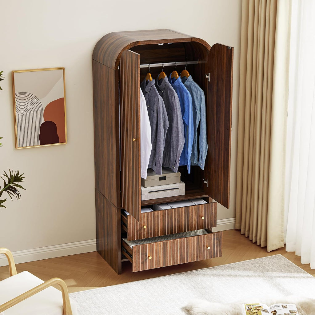 LEVNARY Arched Armoire Wardrobe Closet, Mid-Century Modern 2-Door Freestanding Wardrobe with Hanging Rod and 2 Drawers, Fluted Carved Clothing Storage Cabinet for Bedroom (Walnut)