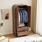 LEVNARY Arched Armoire Wardrobe Closet, Mid-Century Modern 2-Door Freestanding Wardrobe with Hanging Rod and 2 Drawers, Fluted Carved Clothing Storage Cabinet for Bedroom (Walnut)