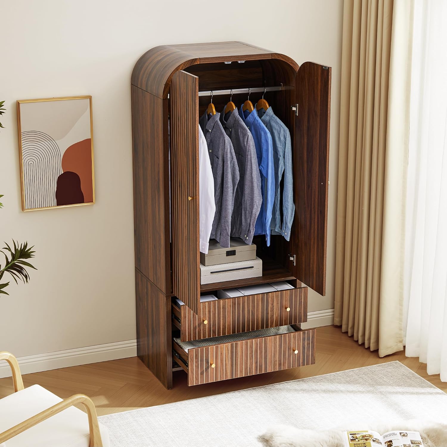 LEVNARY Arched Armoire Wardrobe Closet, Mid-Century Modern 2-Door Freestanding Wardrobe with Hanging Rod and 2 Drawers, Fluted Carved Clothing Storage Cabinet for Bedroom (Walnut)