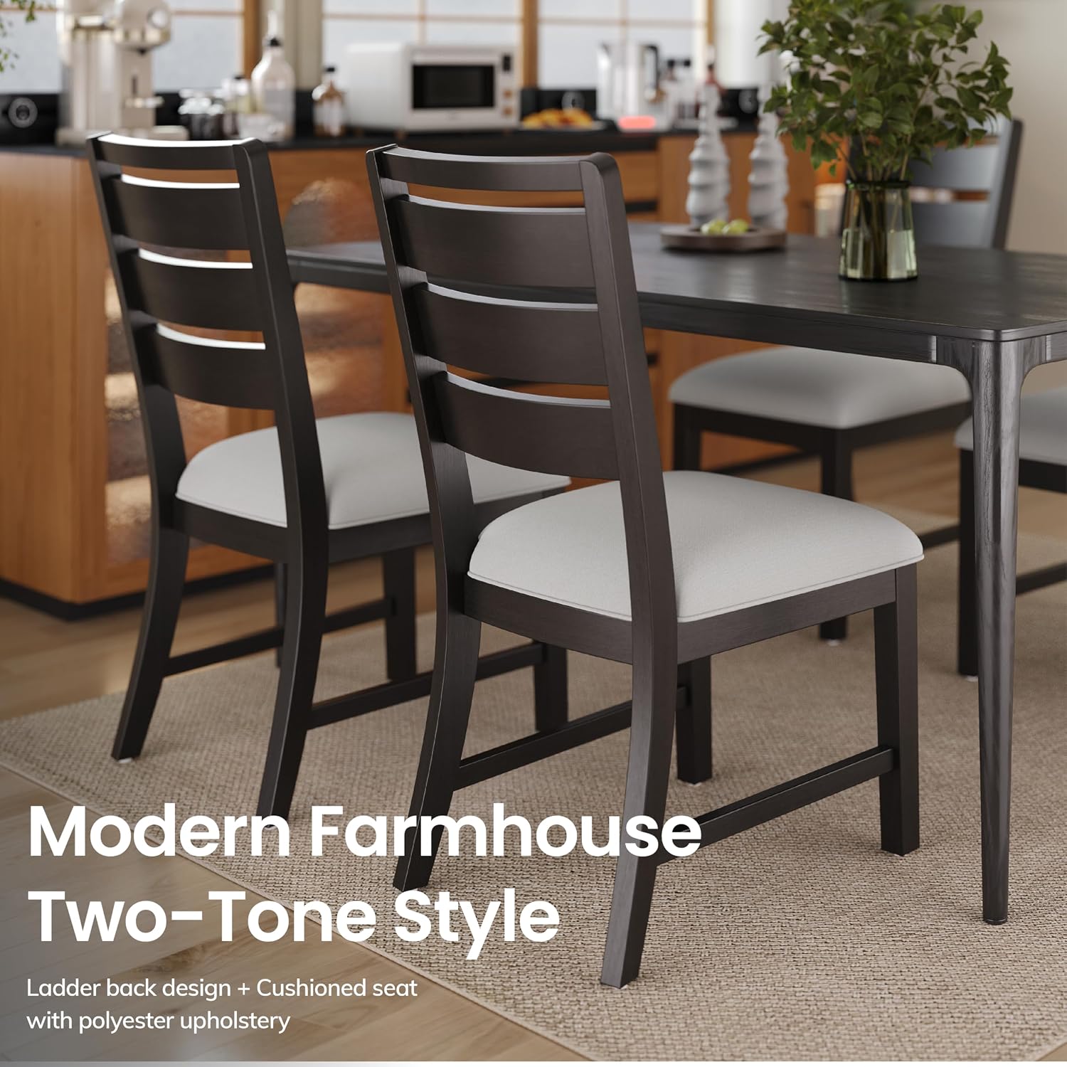 COLAMY Wooden Dining Chairs Set of 6, Farmhouse Upholstered Dining Room Chairs with 3.5" Thick Cushion, FSC Solid Wood Ladder Back Kitchen Chairs for Home and Restaurant, Easy Clean,Black