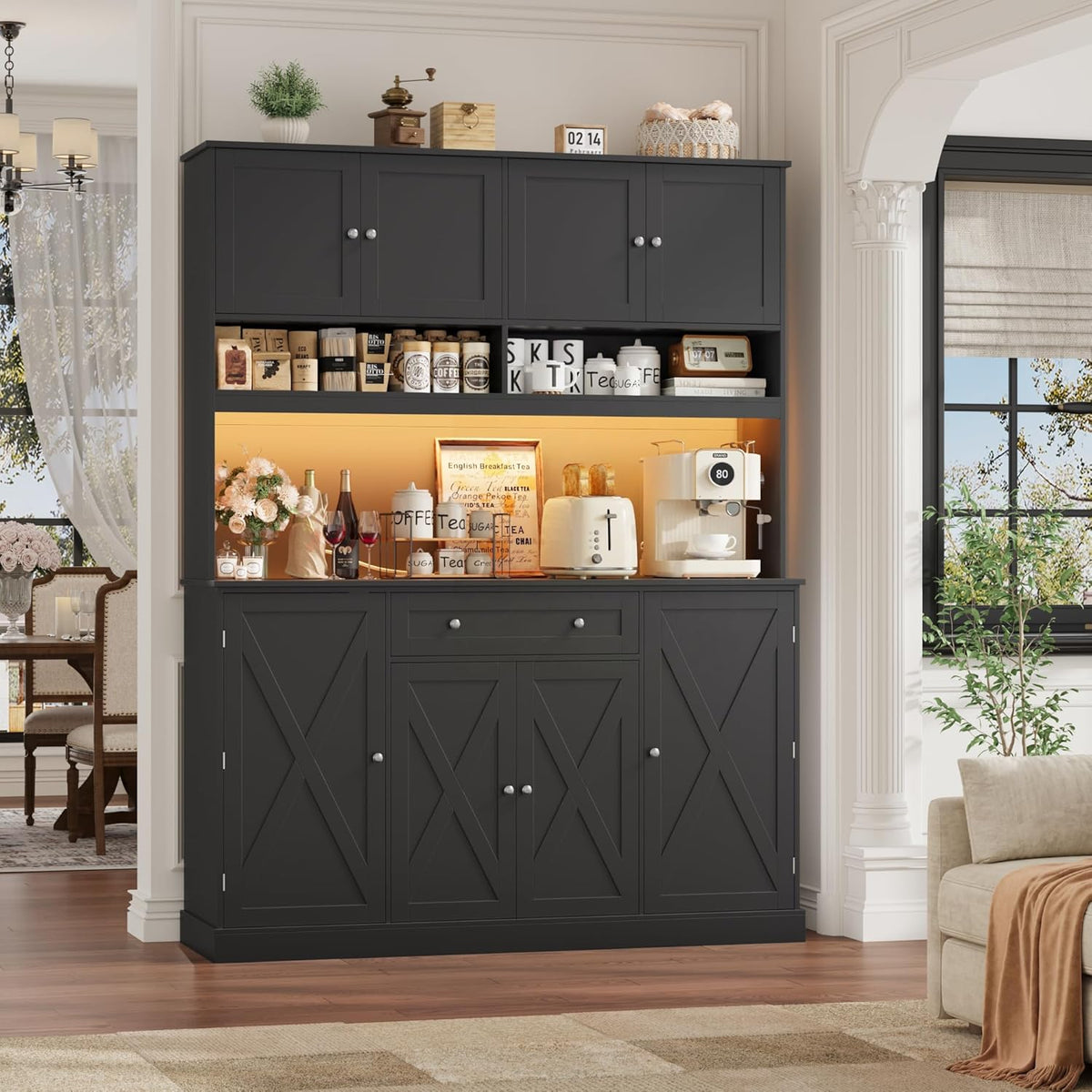 HIFIT 72.8” LED Kitchen Pantry Cabinet with Charging Station, 55” Wide Farmhouse Pantry Cabinet with Microwave Stand&Shelves&Swing-Out Door, Kitchen Hutch Coffee Bar for Living Room, Black