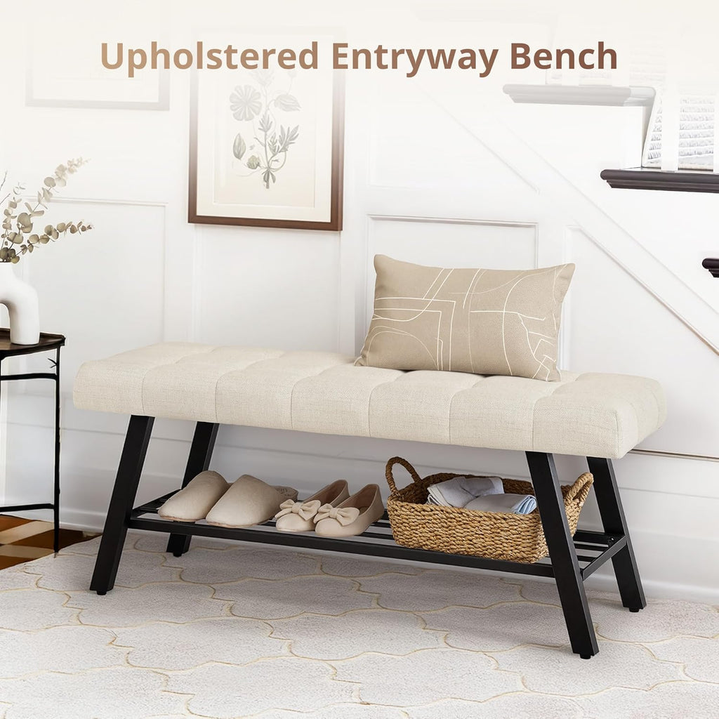LUE BONA 45" Entryway Bench with Storage Shelf, End of Bed Bench with Tufted Linen Fabric Seat, Bedroom Bench with Metal Frame, 330 LBS Capacity for Entryway, Living Room, Hallway, Linen Color