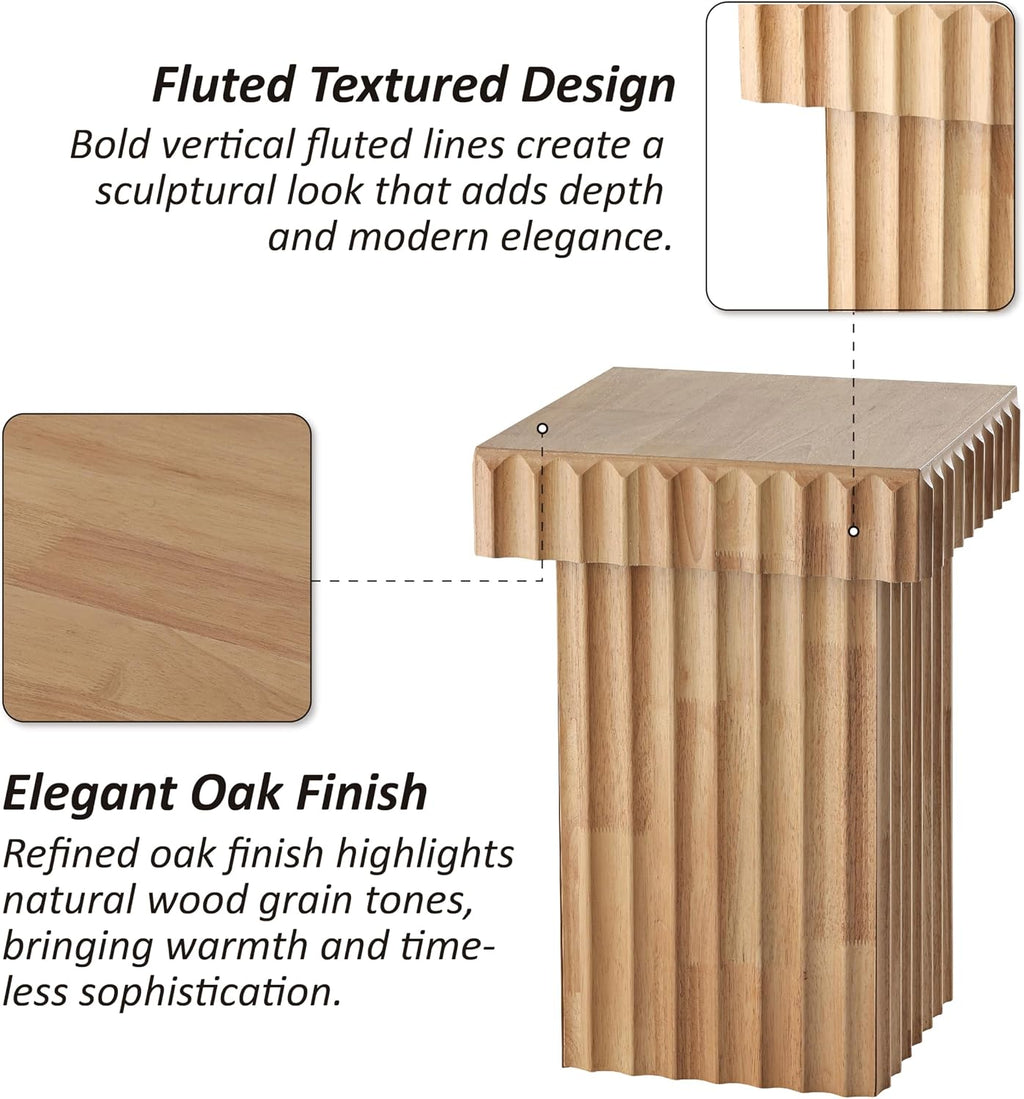 COZAYH Modern Fluted Wood End Table with Natural Oak Finish, Sculptural Accent Side Table with Textured Design, Plant Stand Small Space Furniture for Living Room, Farmhouse