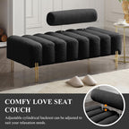 53.2" Width Ottoman Bench, Teddy Upholstered Accent Sofa with Metal Legs, Comfy Love Seat Couches with Adjustable Backrest, End of Bed Bench for Bedroom, Entryway (Black)
