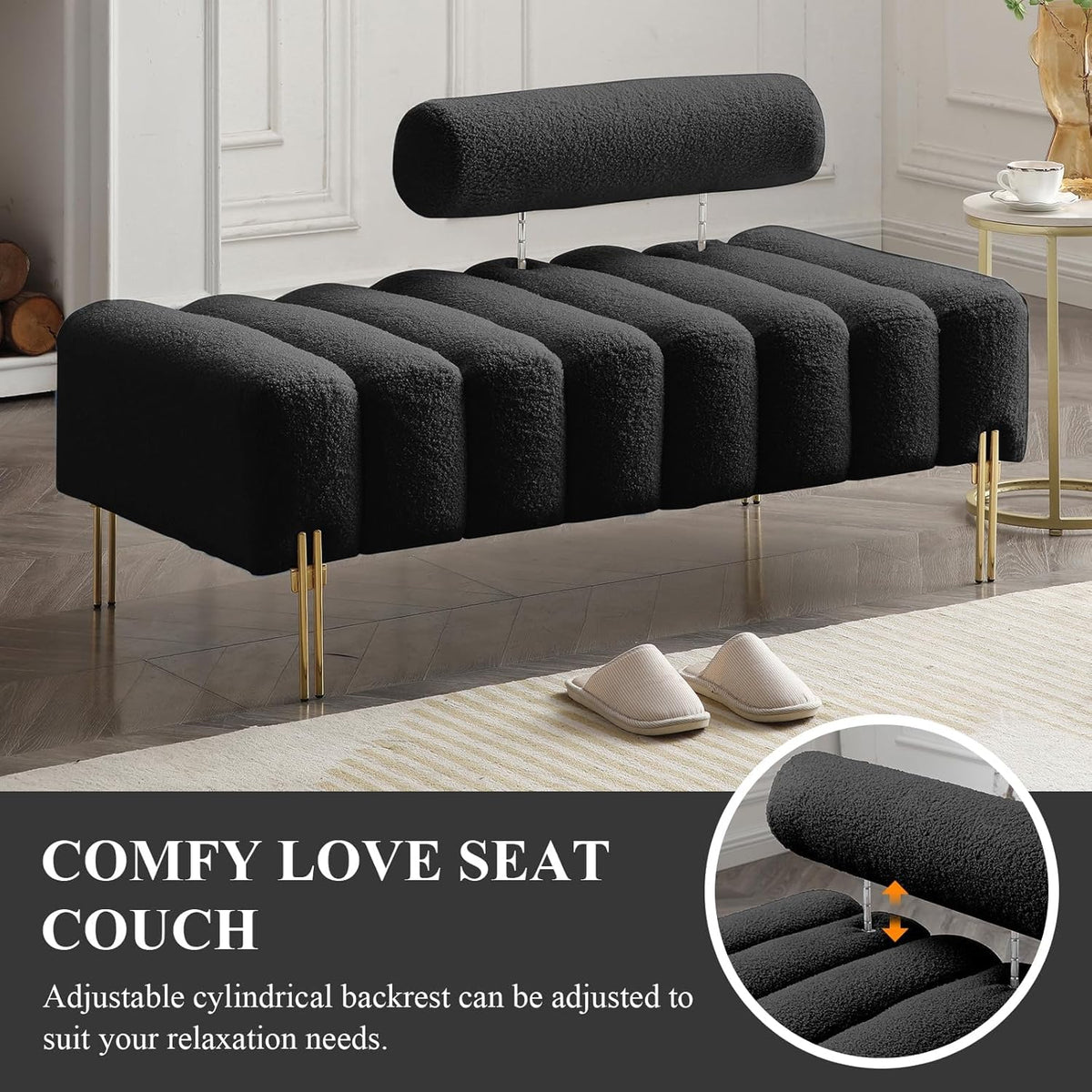 53.2" Width Ottoman Bench, Teddy Upholstered Accent Sofa with Metal Legs, Comfy Love Seat Couches with Adjustable Backrest, End of Bed Bench for Bedroom, Entryway (Black)