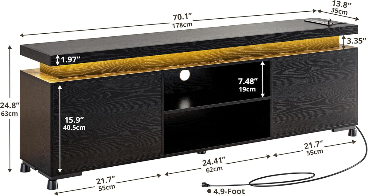 IRONCK TV Stand Entertainment Center with LED Lights for 85 inch | Power Outlet, Cabinets and Adjustable Shelf. USB ports, Type-C and 4.9ft power cord. Hold TVs up to 65, 70, 75, 85 inches.