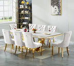 94 in Luxury Faux Marble Dining Table for 6 8 10 People, White Faux Marble Dining Table with Gold U Shaped Stainless Steel Base, Large Rectangular Modern Kitchen Dining Room Table for Family Gathering